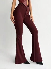 Aloruh Women's New Autumn/Winter Flare Leg High Waist Wine Red Maxi Pants - Burgundy - View 3