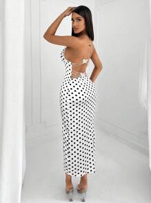 SHEIN SXY فستان أنيق وجذاب للنساء بتصميم الفراشة ذو نمط النقاط البيضاء والسوداء عاري الظهر - أبيض - مشاهدة 1