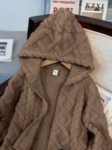 年轻女孩秋冬装年轻女孩针织纯色蓬松字母刺绣连帽宽松法兰绒保暖休闲夹克，秋冬季，非常适合休闲、日常穿着和上学。