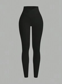 SHEIN EZwear 2pcs Women Ribbed Seamless High Waist Yoga Leggings, Cross Waistband Tight Fit Sports Workout Pants