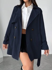 SHEIN EZwear Áo khoác dài tay thường ngày cổ ve hai hàng khuy màu trơn cho nữ, mới mùa thu - Màu xanh hải quân - Xem 4