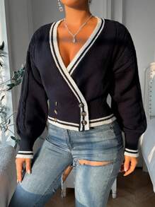 Chiquease Cárdigan cruzado de doble botonadura con patrón de giro bicolor para otoño/invierno informal