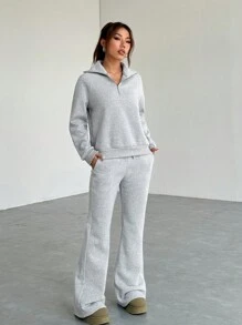 SHEIN EZwear Bộ 2 áo nỉ trơn màu đơn giản và quần nỉ cho nữ, mùa thu/đông - Xám - Xem 4