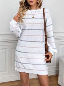 SHEIN LUNE Casual Striped Knit Dress, Airport Style, Long Sleeve Straight Dress For Women, Autumn Winter - White - View 3