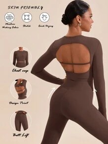 VARSITIE Dames effen kleur ronde hals lange mouw crop top & legging sportset