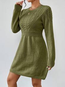 Chiquease Crew Neck Twist Pattern Casual Versatile Long Sleeve Knit Sweater Dress