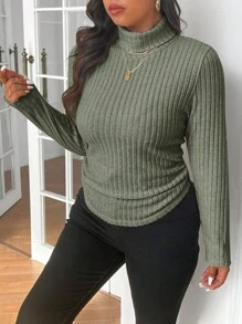 SHEIN Frenchy Áo thun cổ lọ bó sát có gân cỡ lớn, mùa đông - màu xanh lá - Xem 5