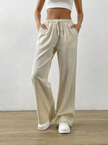 SHEIN EZwear 杏色宽松直筒抽绳腰斜口袋裤 - 杏色 - 查看 3