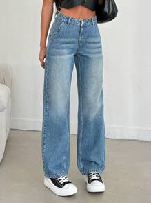 EURMUSE 低腰染色口袋装饰休闲百搭直筒牛仔裤 - 中等水洗藍 - 查看 7