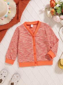 年轻女孩休闲舒适缎面彩色针织开衫，单排扣保暖夹克，秋冬季 - 橘色 - 查看 1