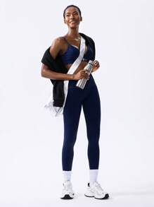 VARSITIE 2 件女式字母印花短款运动胸罩和高腰紧身裤运动套装，日常健身服 - 藏蓝色 - 查看 3