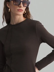 Ontre Áo thun nữ cổ tròn tay dài ôm vừa vặn màu nâu cà phê cơ bản, phù hợp cho mùa thu/đông - màu nâu - Xem 6