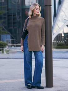 BizChic Pull col roulé pour femme, pull fashion à manches longues couleur café, tenue de bureau pour femmes, printemps/été