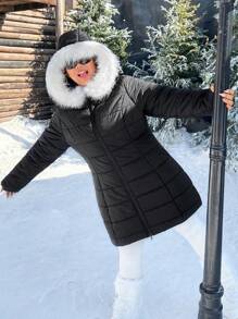 SHEIN EZwear Quilted Thick Winter Coat With Fur Collar, Figure-Flattering And Warm, Suitable For Winter