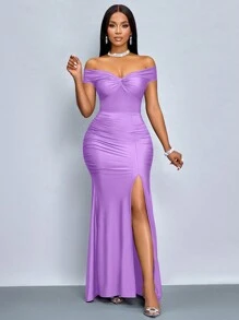 SOLERSUN Đầm Maxi hở vai màu trơn tay ngắn xẻ ngực thanh lịch cho nữ - Màu tím hoa cà - Xem 6