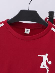 SHEIN 2pcs/Set Kids Tween Boy Casual Sports Fluorescent Trim Long Sleeve Crew Neck Sweatshirt & Long Pants Knit Suit, Suitable For Commuting, School, Daily, Vacation, Sports,Season: Spring, Summer, Autumn, Winter, Fabric: Fleece, Thickened - Red - View 4