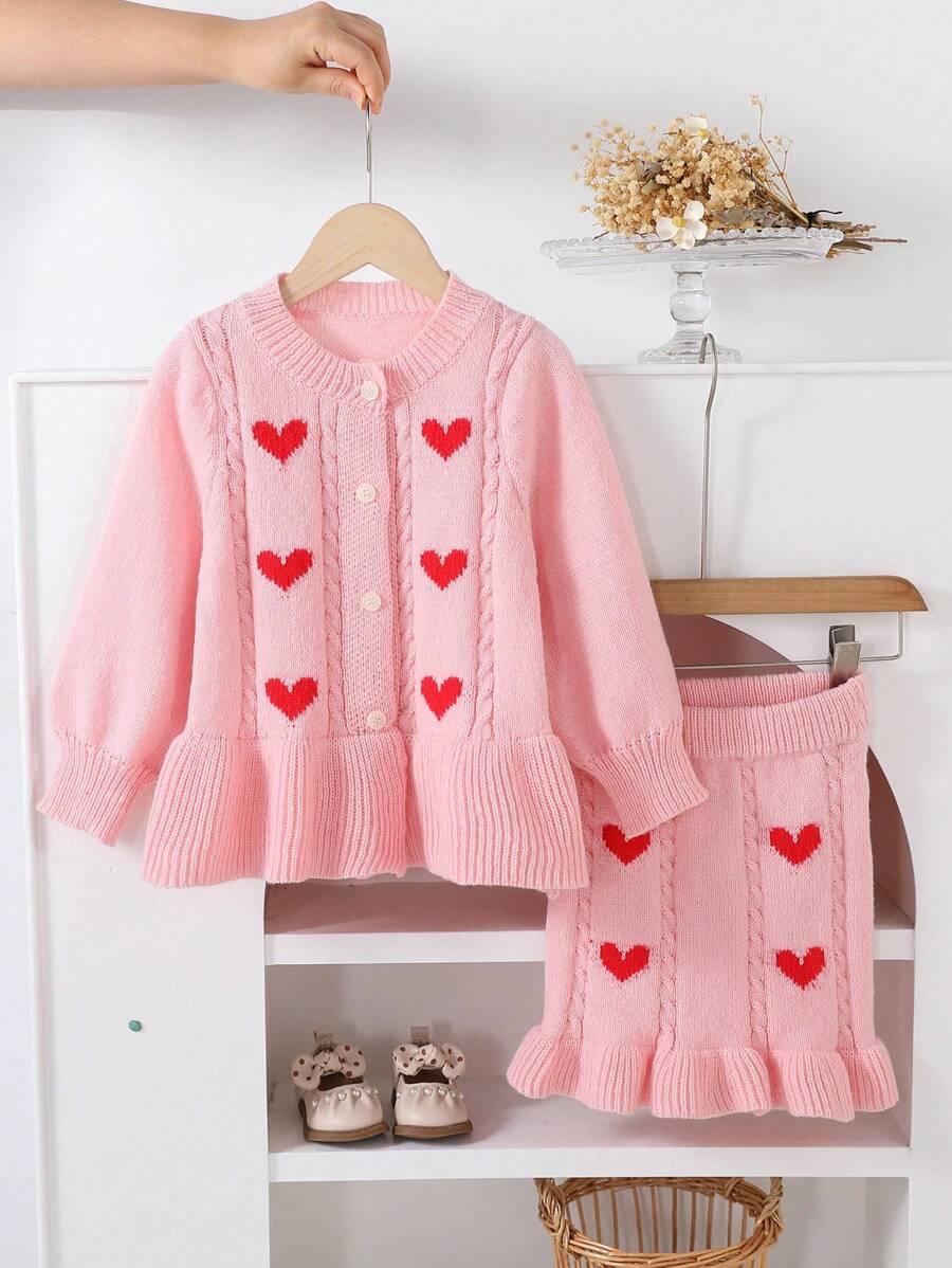 2pcs/Set Young Girl Sweet Heart Ruffled Knit Sweater And Knit Skirt Set, Autumn/Winter - Pink - View 1