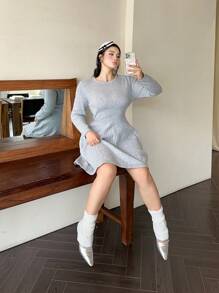 Flirla A-Line High Waist Midi Sweater Dress, Versatile For Autumn/Winter - Grey - View 3