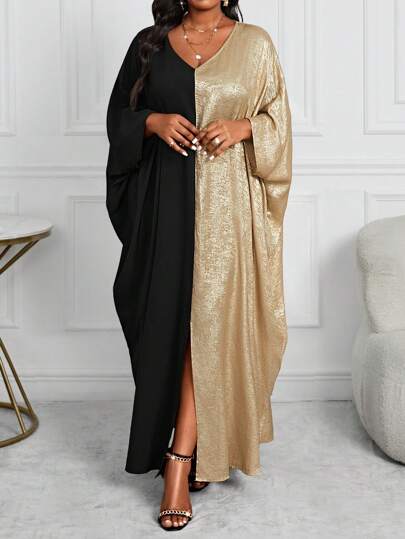 SHEIN Lady CURVE Plus Size Women Contrast Color V-Neck Batwing Long Sleeve Loose Casual Dress, Autumn/Winter,Valentine Day