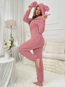 大码女式前拉链纯色长袖连帽睡衣连体衣，适合秋冬季节，蓬松舒适 - 西瓜粉 - 查看 6