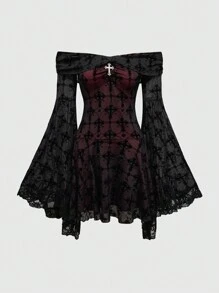 ROMWE Romantic Vintage Palace Gothic Cross Flocked Strap Midi Dress, For New Year - Black - View 5