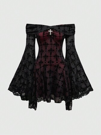 ROMWE Robe midi gothique style palais vintage romantique avec motif floqué et bretelles, pour le nouvel an