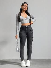 SHEIN ICON 女士休闲紧身弹力七分牛仔裤，黑色 - 黑色 - 查看 6