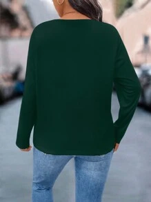 SHEIN LUNE 大码女式前拉链长袖纯色休闲 T 恤 - 墨綠色 - 查看 2