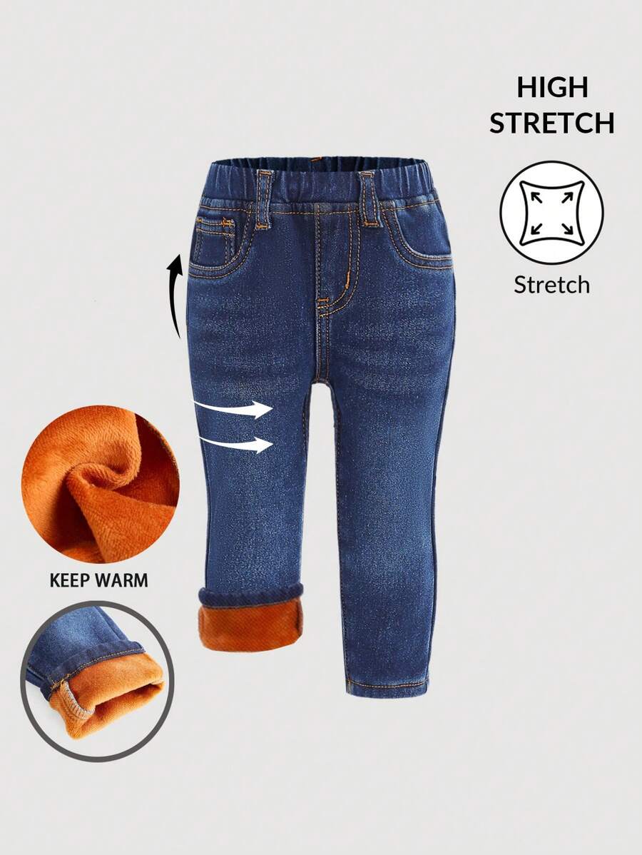 SHEIN 女婴复古蓝色牛仔保暖内衬紧身裤，厚保暖牛仔裤，秋冬装 - 淺色水洗藍 - 查看 1