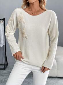 SHEIN LUNE 1pc Women Floral Embroidery Crewneck Long Sleeve Casual Top, Everyday Wear