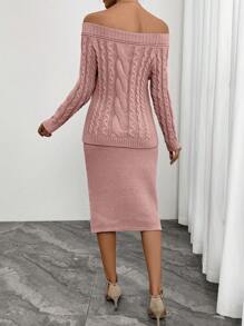 INAWLY Women 2pcs Set Solid Off Shoulder Long Sleeve Pullover Sweater And Knitted Mini Skirt, Casual For Autumn/Winter - Watermelon Pink - View 2