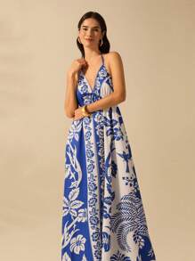 CAJUNI 女式度假热带波西米亚风花朵和椰子树印花细肩带系带休闲海滩夏装 - 藍色 - 查看 4