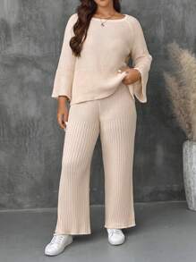 EMERY ROSE Conjunto de punto de 2 piezas talla grande compuesto por un jersey casual de escote de barco y mangas de murciélago en color albaricoque talla grande pantalón de pierna ancha, para otoño e invierno