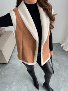 SHEIN Privé Barn Jackets,Women Brown Fluffy Sleeveless Vest Jacket