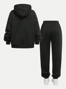 SHEIN Leap Crew Teen Girl Casual Heart Print Drop Shoulder Hoodie & Sweatpants Set, Thick Pullover For Autumn/Winter - Black - View 3