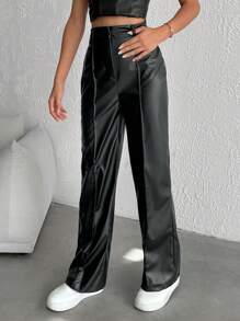 EURMUSE High Waist PU Leather Straight Leg Pants - Army Green - View 4