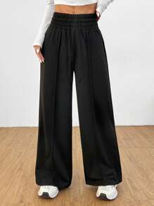 SHEIN PETITE 净色抽绳腰部阔腿运动裤 - 黑色 - 查看 6