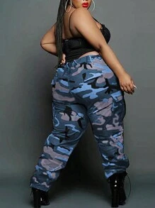 Plus Size Women Casual Versatile Camouflage Pocket Cargo Pants - Màu xanh lam - Xem 2