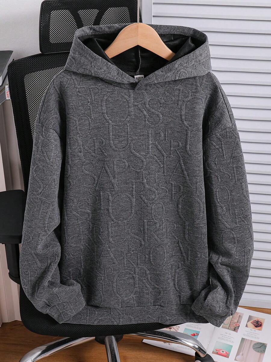 SHEIN 青少年男童休闲字母印花长袖卫衣,宽松版型,秋冬款 - 深灰色 - 查看 1