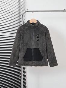 SHEIN Men's & Boys' Turtleneck Jacket, 2024 Winter New Contrast Pocket Casual Reversible Fleece Warm Outerwear - Dark Grey - View 1