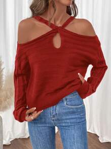 SHEIN Clasi Women's Casual Solid Color Halterneck Knit Sweater, Autumn