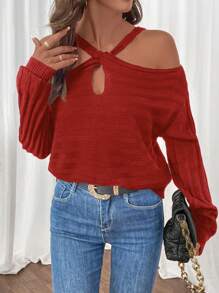 SHEIN Clasi Women's Casual Solid Color Halterneck Knit Sweater, Autumn