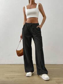 SHEIN EZwear Summer Black Drawstring Waist Slant Pocket Pants Dress Pants