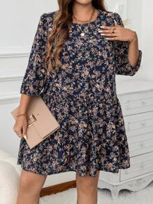 SHEIN LUNE Vestido midi de talla grande con estampado floral menudo, vestido corto casual con mangas de obispo, atuendo de Acción de Gracias y Año Nuevo para mujeres