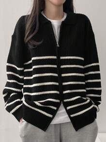DAZY Women Striped Color Block Zip Up Cardigan,Fall Clothes - Black and White - View 5