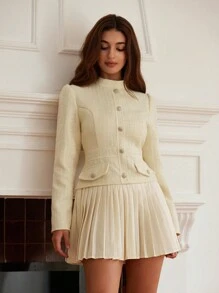 Aveloria Rosie French Retro Waist Cinching Slimming Textured Patchwork Pleated Dress Holiday Party Dress 