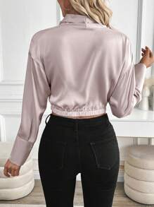 Chiquease Blouse en satin pour femmes, élégante pour les déplacements, couleur champagne violacé, col à volants, fini satin doux et de qualité supérieure, pull, manches longues - Mauve - Voir 2