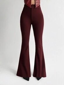 Aloruh Women's New Autumn/Winter Flare Leg High Waist Wine Red Maxi Pants - Burgundy - View 4