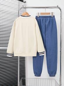 SHEIN 2 件装青少年男孩休闲马球领字母补丁长袖运动衫和牛仔裤春秋装 - 黃色 - 查看 2