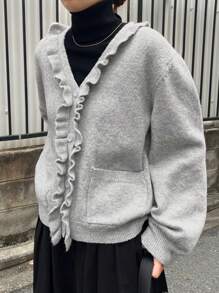 FRIFUL Cárdigan holgado con borde con volantes para mujer - Gris - Ver 6